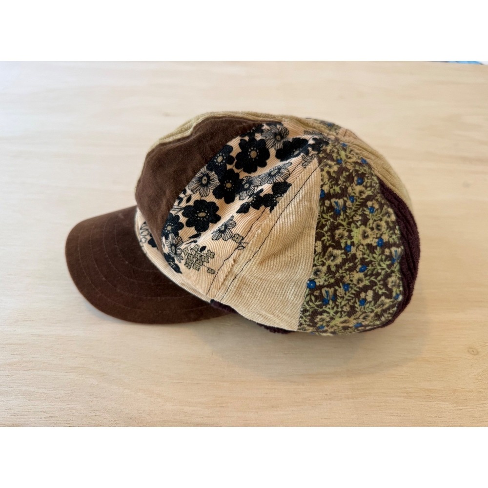 Patchwork Corduroy Floral Newsboy Cap Brown Velvet Baker Boy Hat 57cm